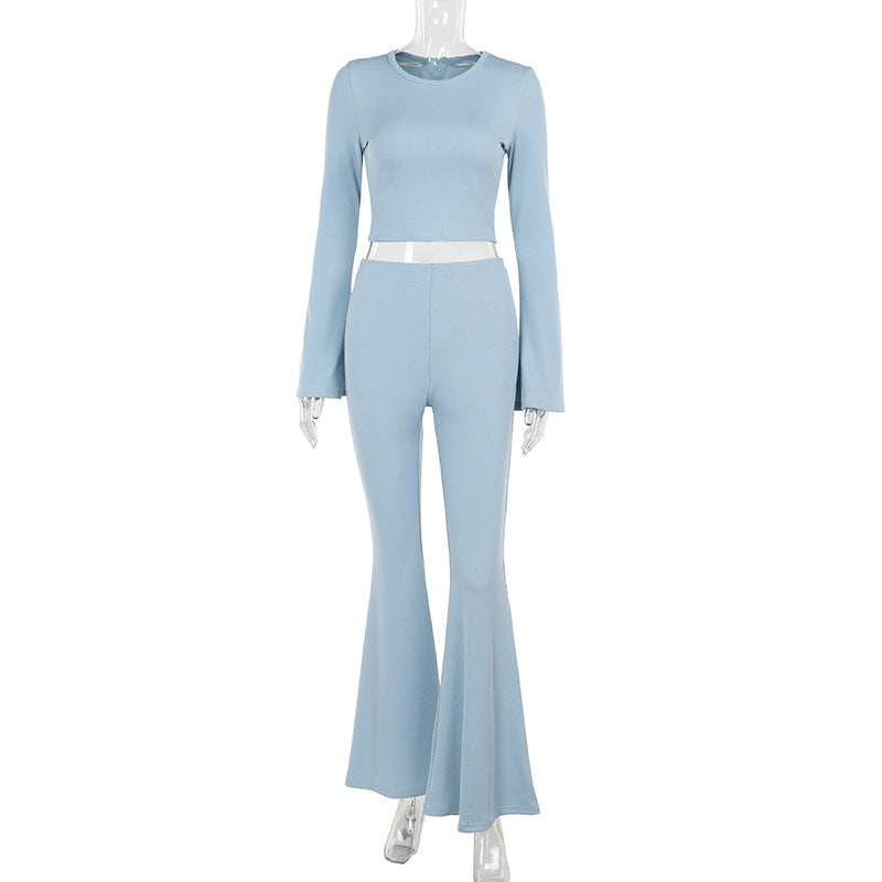 Solid Ribbed Two-Piece Set with Bell Sleeves and Flared Pants