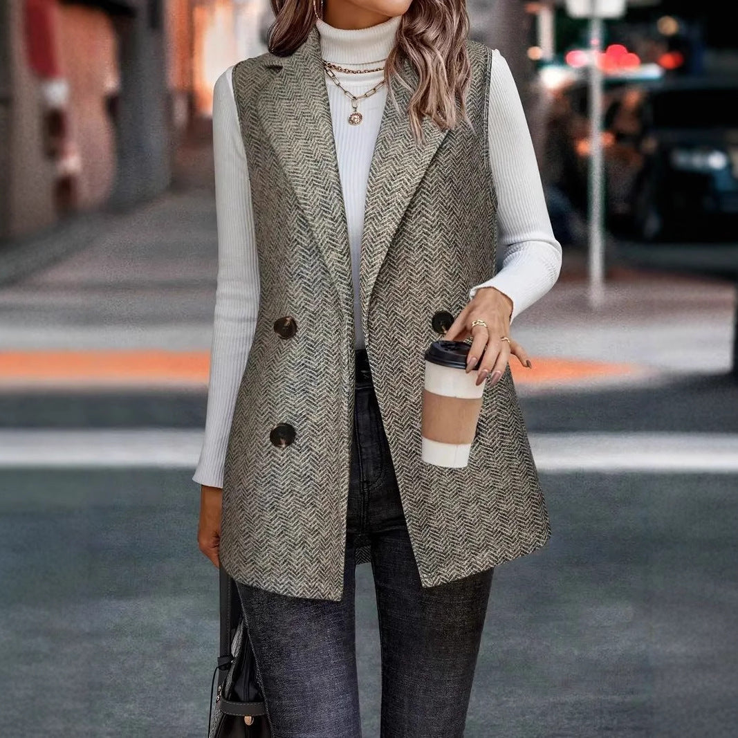 Herringbone Longline Double-Breasted Vest with Notched Lapels