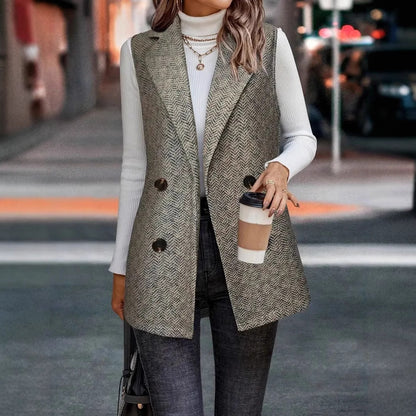 Herringbone Longline Double-Breasted Vest with Notched Lapels