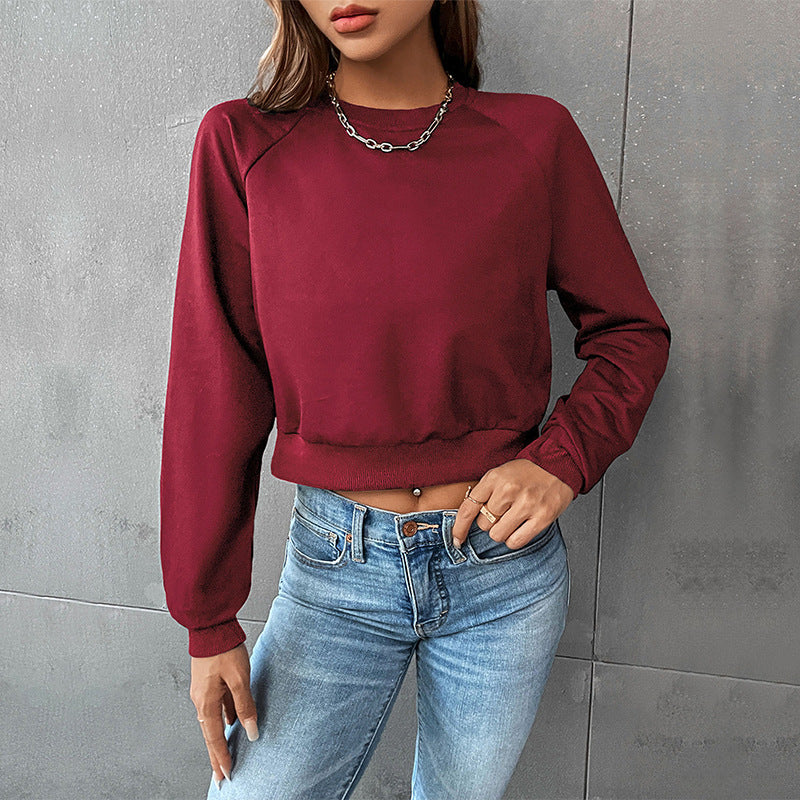 Solid Crewneck Cropped Sweatshirt with Raglan Sleeves