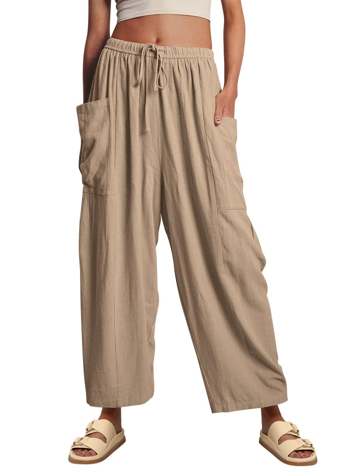 Wide-Leg Pleated Pants with Drawstring Waist and Patch Pockets