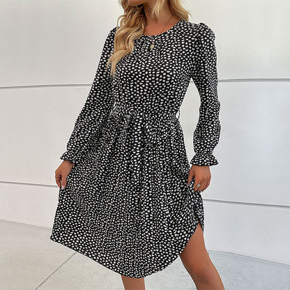 Leopard Print A-Line Midi Dress with Tie-Waist and Ruffle Cuffs