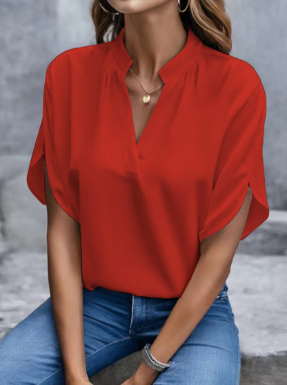 Loose Blouse with Split V-Neck and Slit Short Sleeves