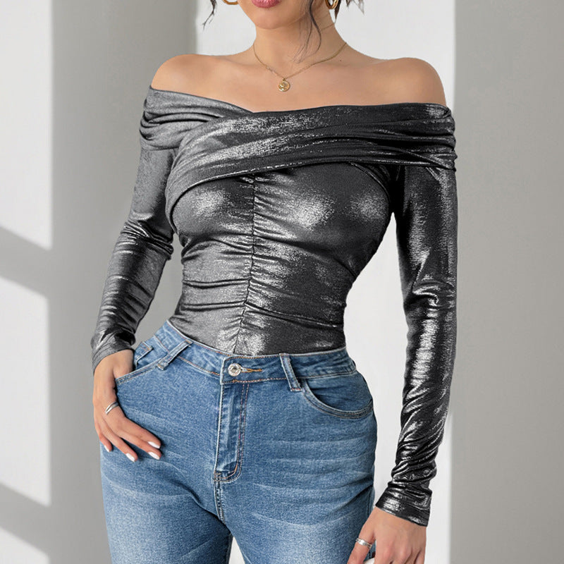 Metallic Off-Shoulder Top with Ruched Bodice