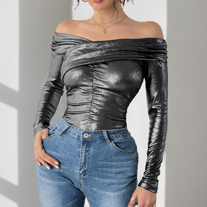 Metallic Off-Shoulder Top with Ruched Bodice