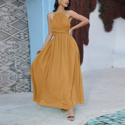 Solid Color Chiffon Maxi Dress with Halter Neck