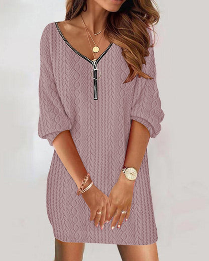 Cable Knit Tunic Dress with V-Neck and Quarter Zip