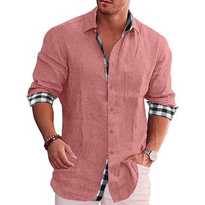 Long Sleeve Button-Down Shirt with Plaid Contrast