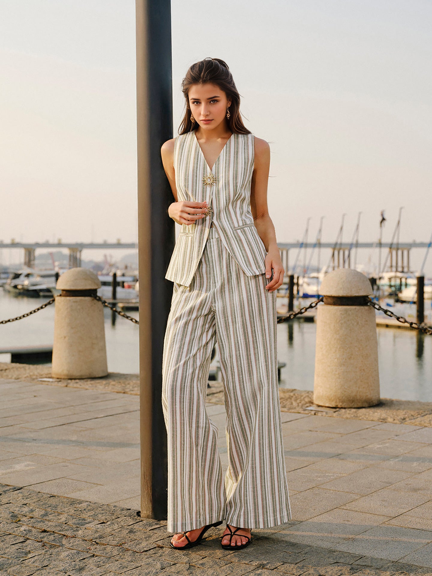 Striped Co-ord Set with V-Neck Vest and Wide-Leg Trousers
