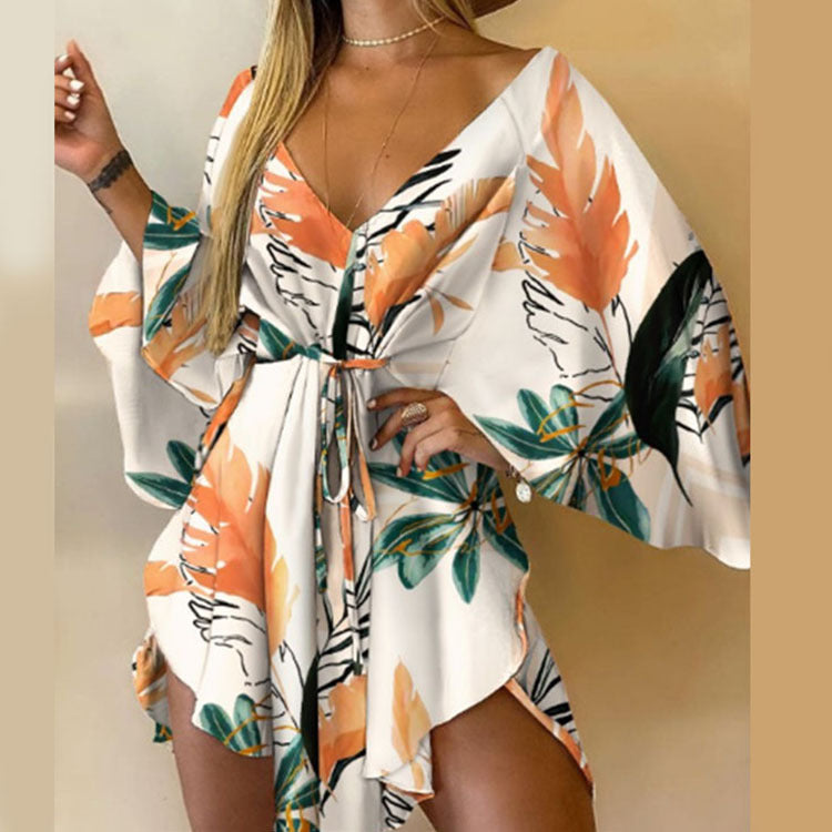 Printed Dress with Batwing Sleeves and Tie-Waist