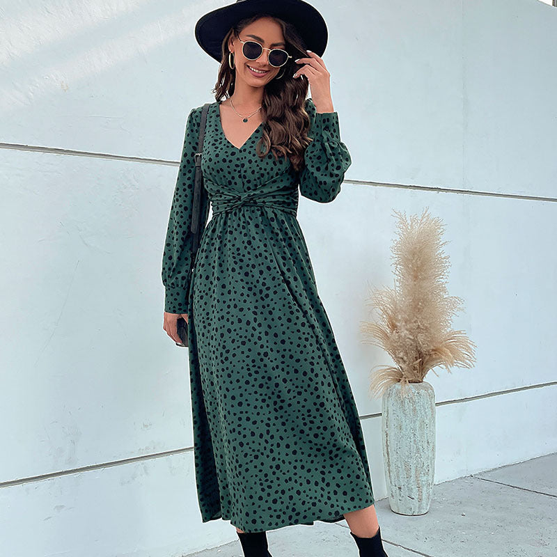 Leopard Print A-Line Maxi Dress with V-Neck and Knotted Waist