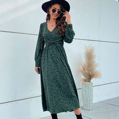 Leopard Print A-Line Maxi Dress with V-Neck and Knotted Waist