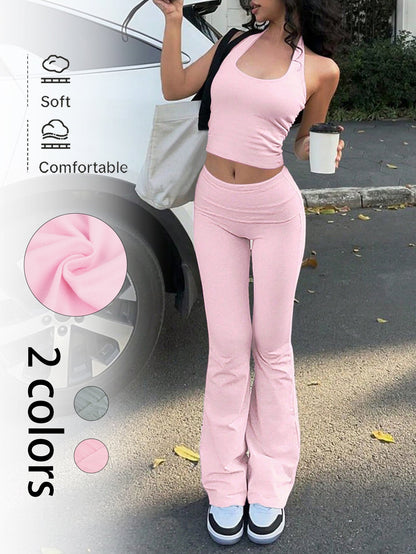 Backless Halter Top and Slim Flared Pants Set