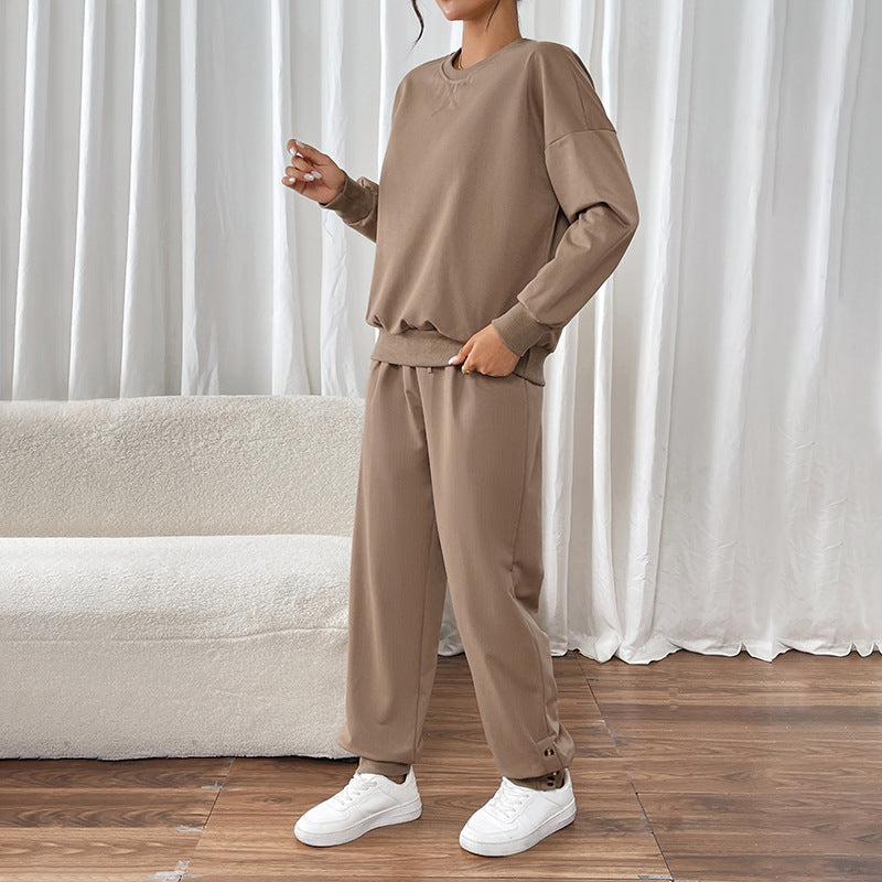 Solid Color Sweatshirt Set with Loose Fit and Drawstring Pants