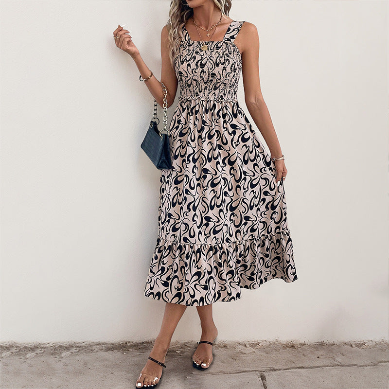 Abstract Print A-Line Midi Dress with Ruched Bodice