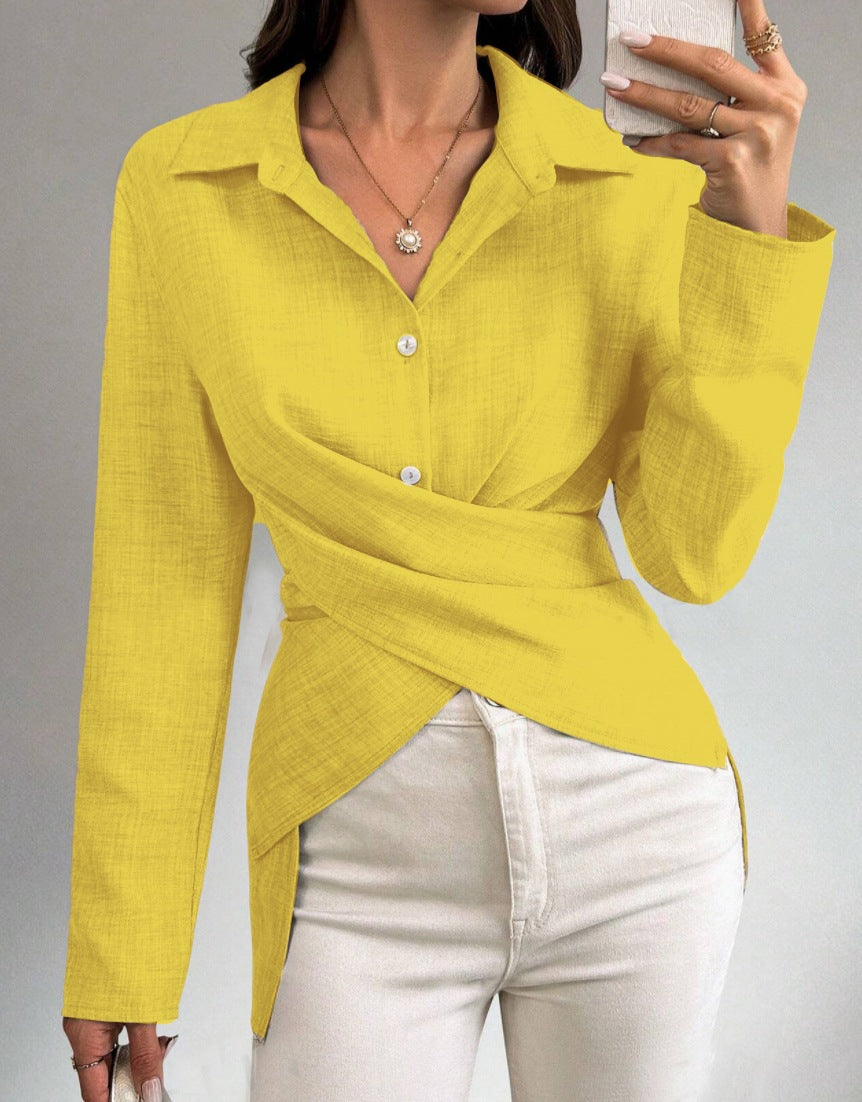 Solid Color Blouse with Crossover Wrap and Asymmetric Hem