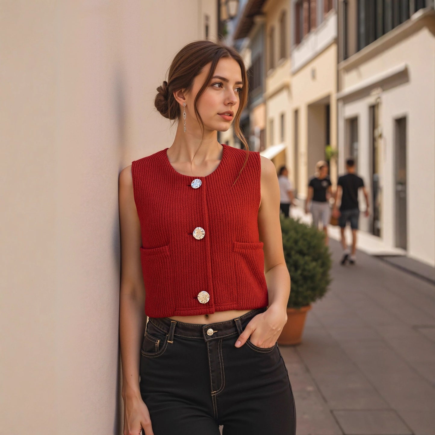 Slim Fit Cropped Knit Vest with Button Front and Crew Neck