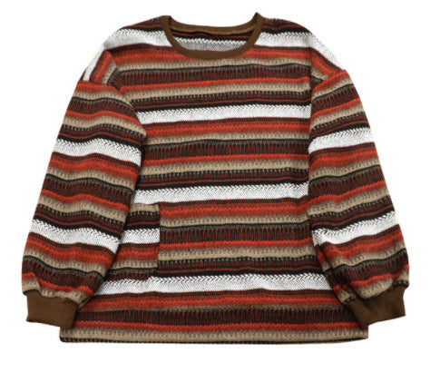 Oversized Striped Pullover Sweater with Round Neck