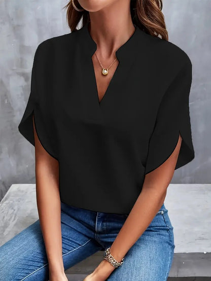 Solid Loose Blouse with Stand Collar V-Neck and Split Sleeves