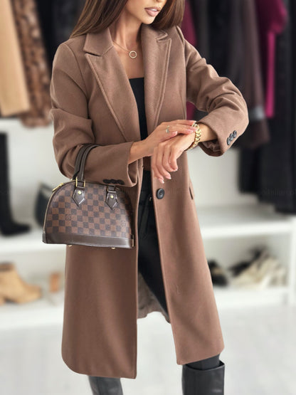 Solid Long Coat with Notched Lapel