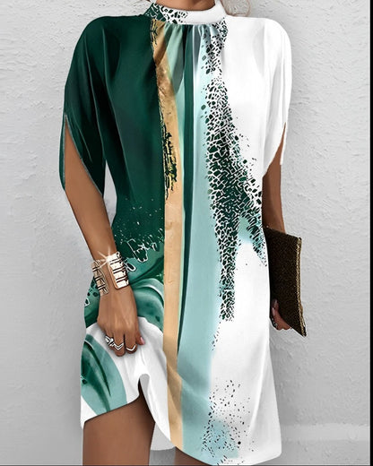 Abstract Color Block Short Dress with Mock Neck and Bat Sleeves