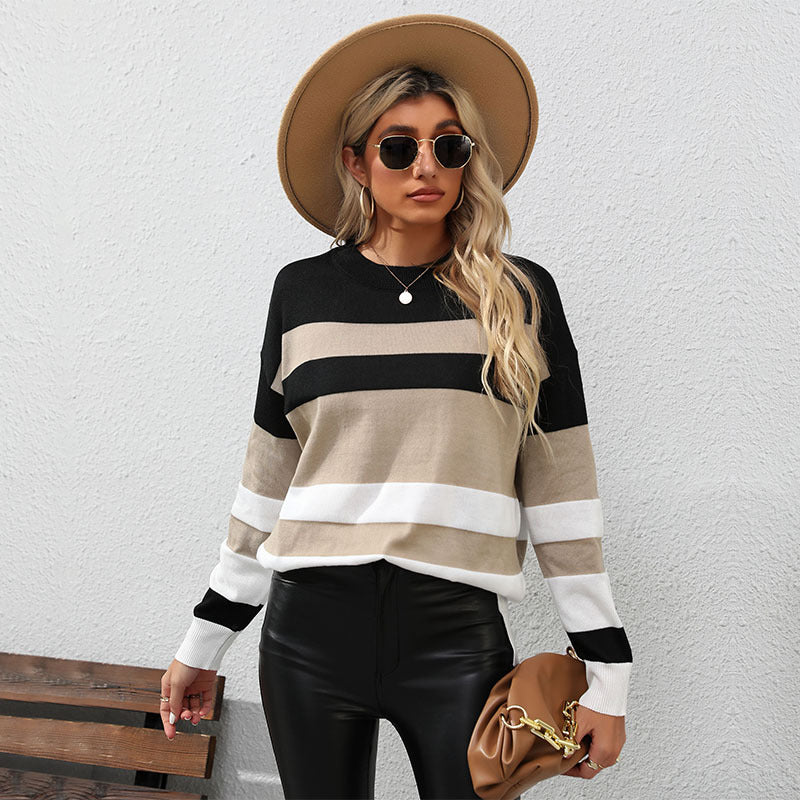 Color Block Long Sleeve Sweater with Round Neck