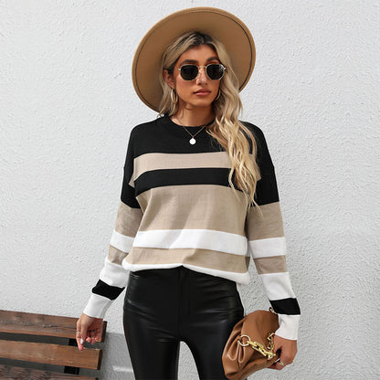 Color Block Long Sleeve Sweater with Round Neck