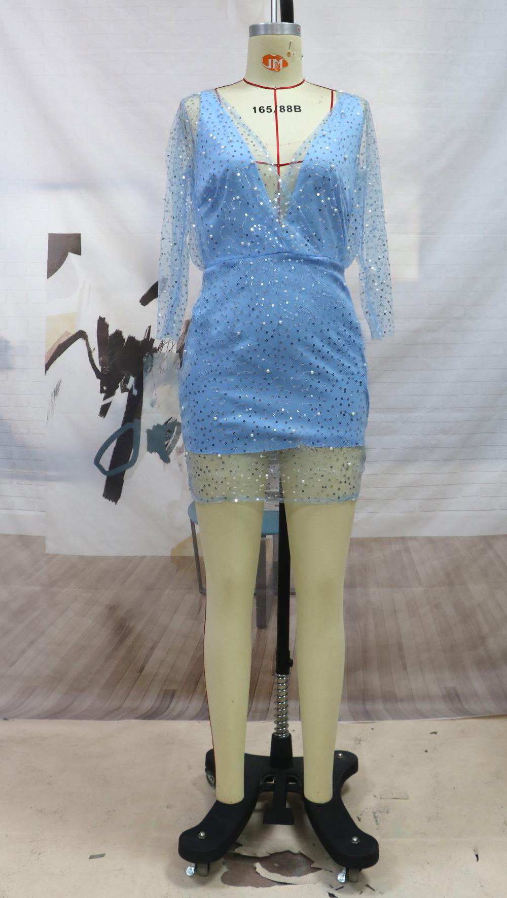 Beaded Bodycon Mini Dress with V-Neck and 3/4 Sleeves