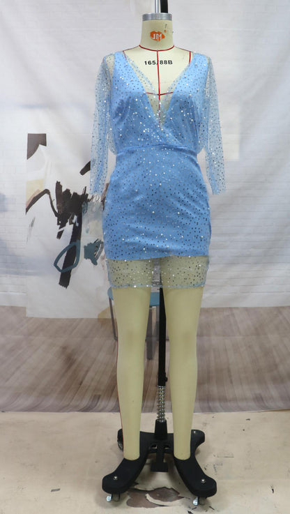 Beaded Bodycon Mini Dress with V-Neck and 3/4 Sleeves