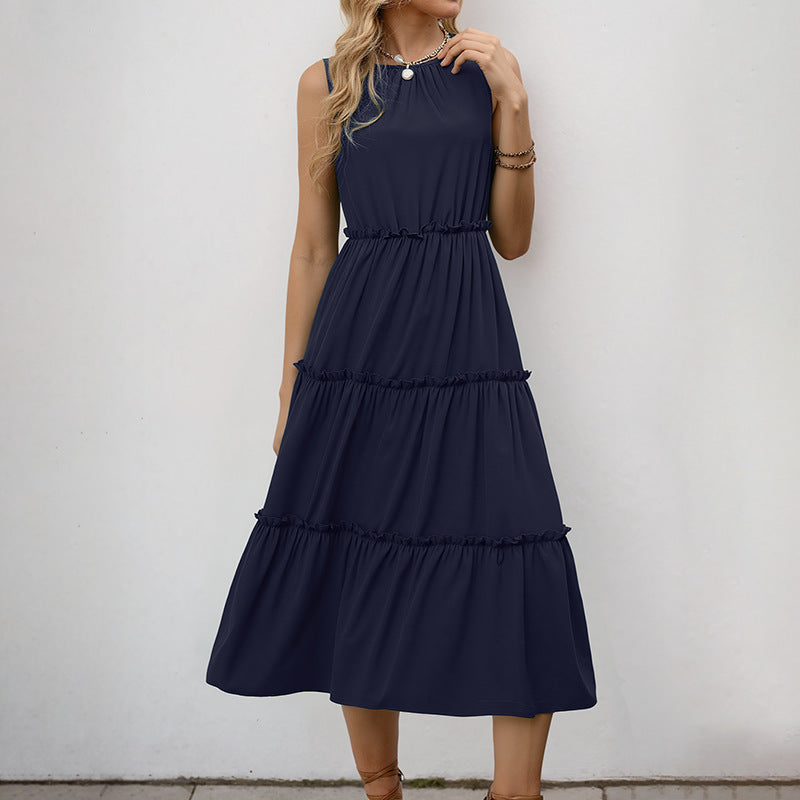 Tiered A-Line Midi Dress with Crewneck and Ruffle Trim