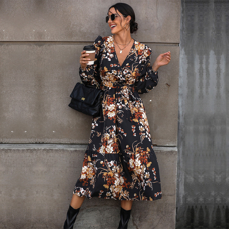 Floral Print Midi Dress with V-Neck and Ruffles