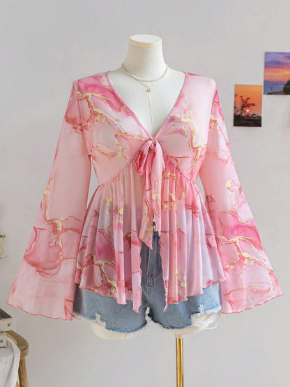 Sheer Printed V-Neck Top with Tie-Front and Bell Sleeves