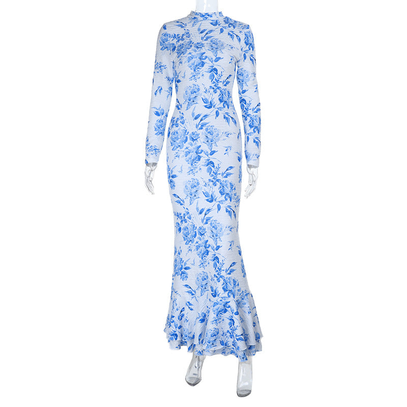 Floral Print Fishtail Maxi Dress with Mock Neck and Long Sleeves