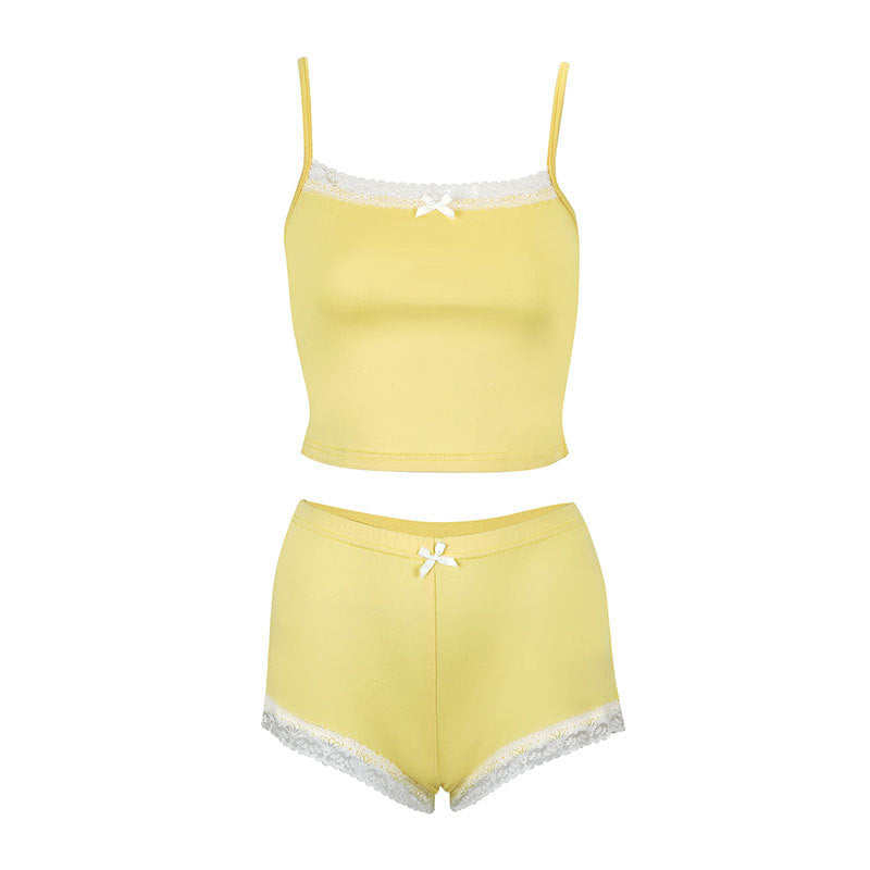 Cami and Shorts Set with Lace Trim and Bow Detail