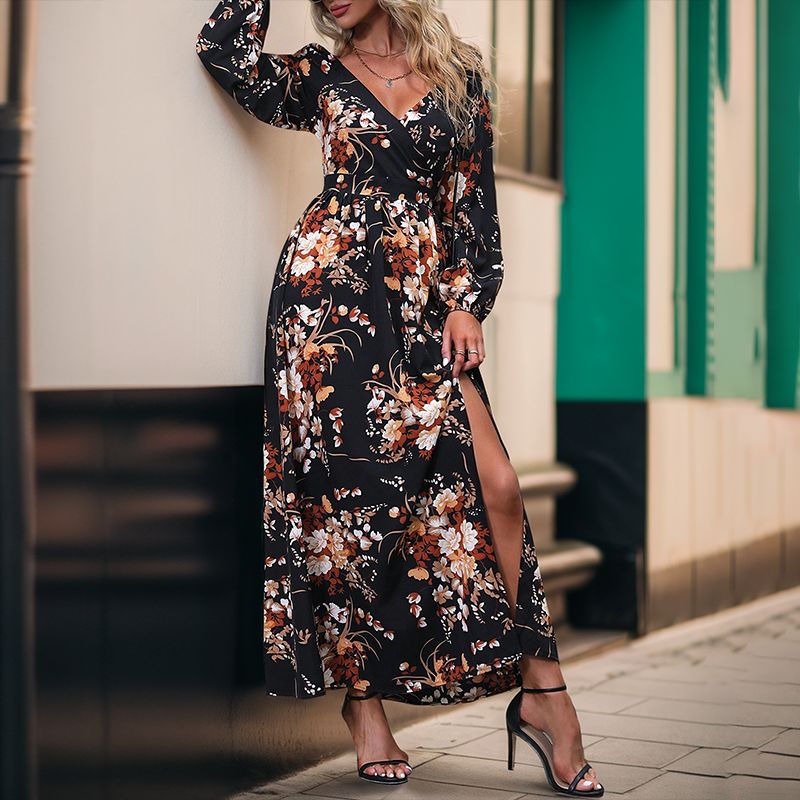 Floral A-Line Dress with V-Neck, Long Sleeves, and Slit