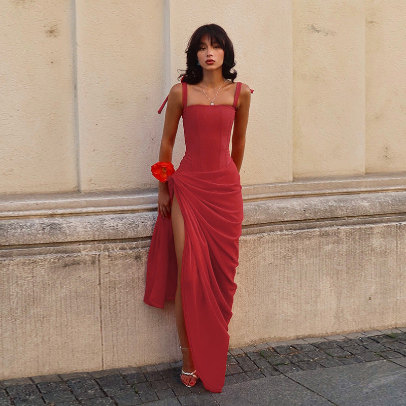 Red Corset Maxi Dress with High Slit and Tie Straps