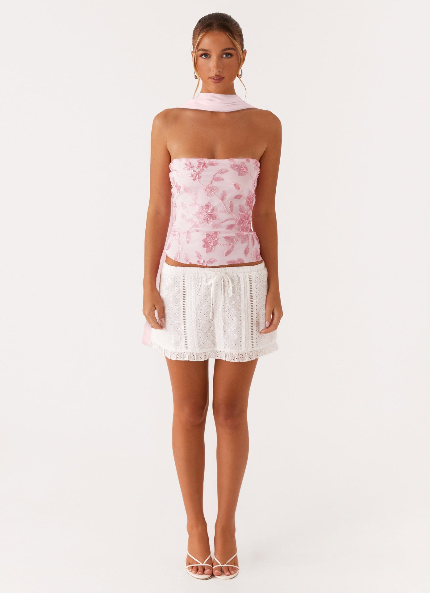 Backless Floral Sequin Tube Top with Matching Neck Scarf