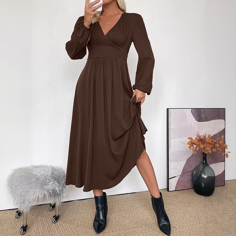 Viscose A-Line Midi Dress with V-Neck and High Waist