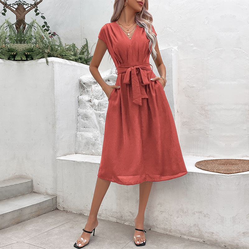 A-Line Midi Dress with V-Neck and Self-Tie Waist