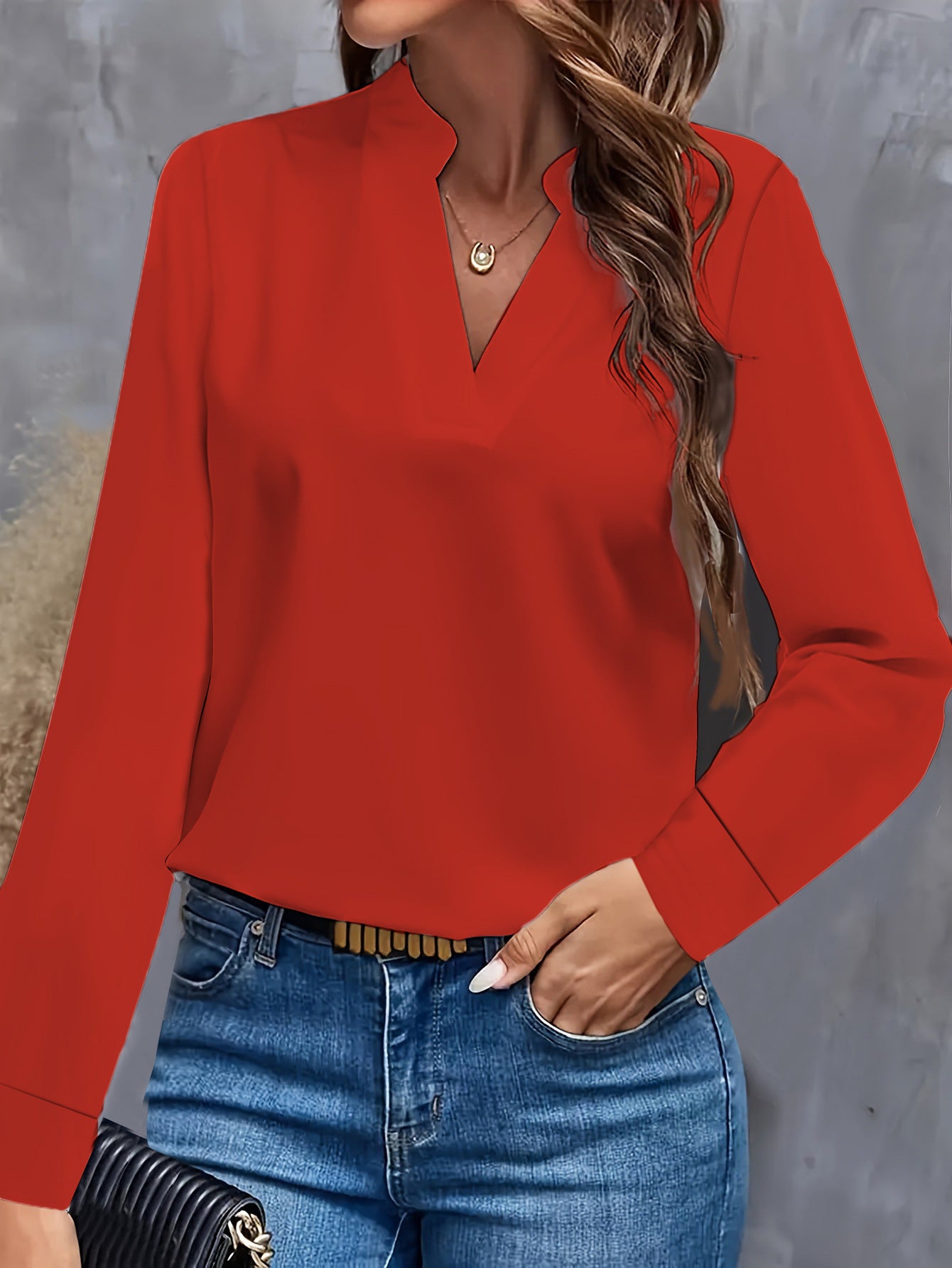 Solid Color Blouse with Stand Collar V-Neck and Long Sleeves