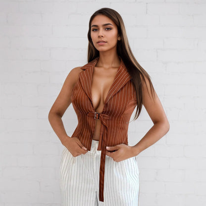 Striped Sleeveless Vest with Deep V-Neck and Tie Front