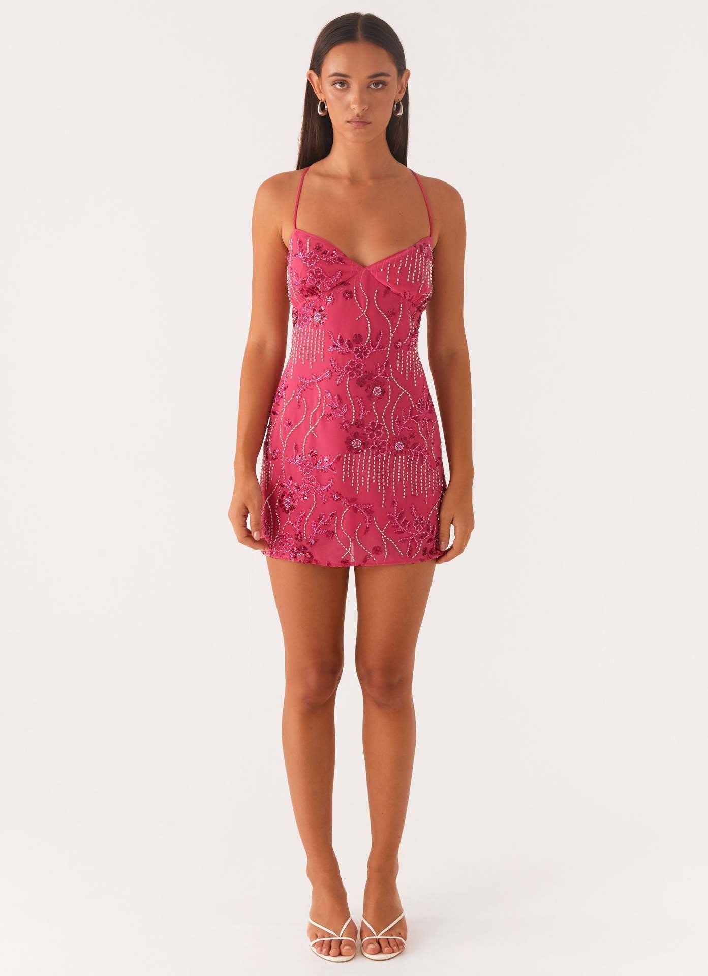 Floral Embroidered Bodycon Mini Dress with Sequins