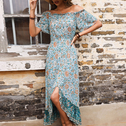 Floral Off-Shoulder Maxi Dress with Button Front and High-Low Hem