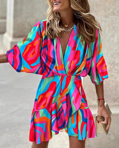 Printed Wrap Mini Dress with V-Neck and Bat Sleeves