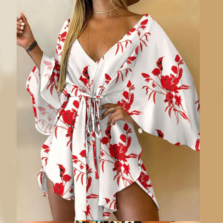 Printed Tunic Dress with V-Neck and Batwing Sleeves