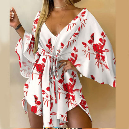 Printed Dress with Batwing Sleeves and Tie-Waist