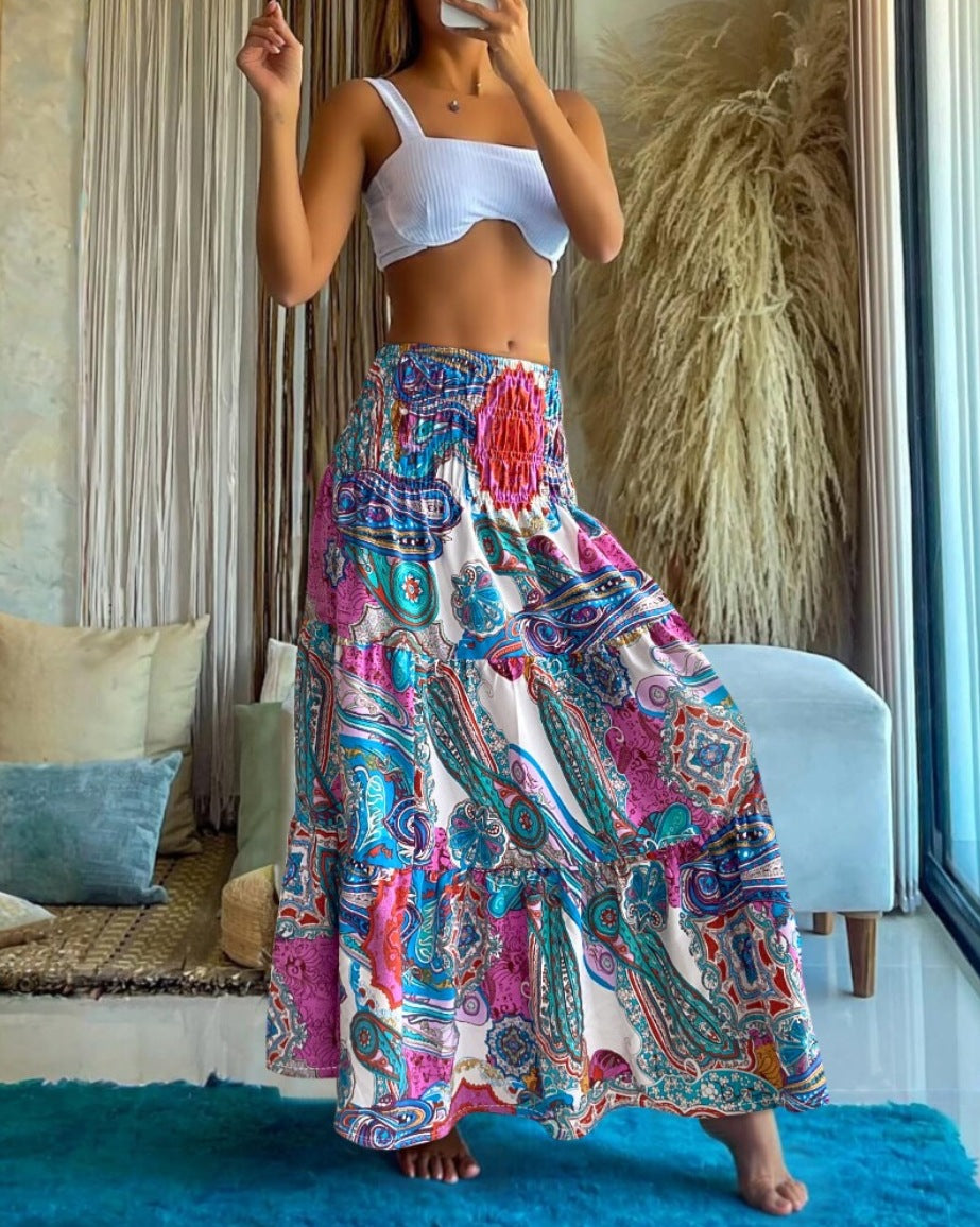 Floral Print Maxi Skirt with High Waist and Tiered Hem