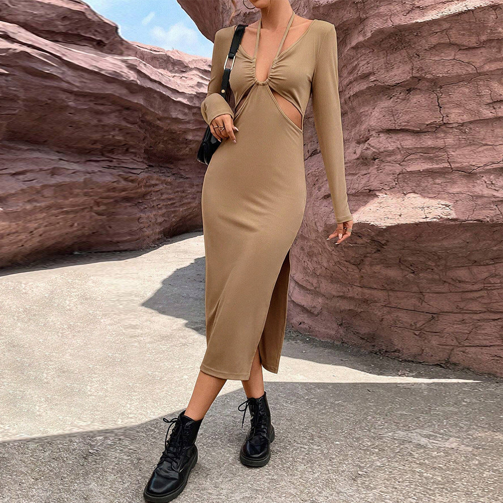Long Sleeve Bodycon Midi Dress with Halter Neck and Cut-Outs