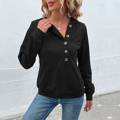 Loose Fit Pullover Hoodie with Henley Button Placket