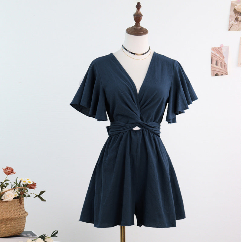 Wide-Leg Romper with V-Neck and Flutter Sleeves